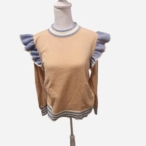 THML Tan white and blue ruffle sweater